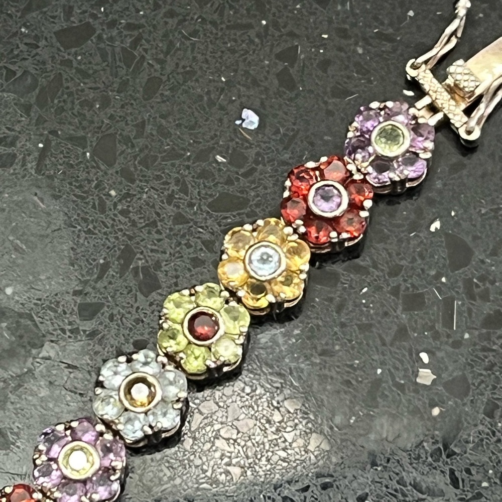 Suzanne Somers amethyst peridot blue topaz  garnet Flower tennis bracelet silver